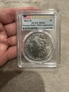 2021 $1 D SILVER MORGAN DOLLAR PCGS MS69 FLAG FIRST STRIKE DENVER GREAT COIN !!! - Picture 1 of 3
