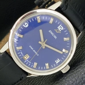 ENICAR STAR JEWELS 1141 HAND-WINDING SWISS MENS DATE BLUE DIAL WATCH a433026-a - Picture 1 of 9