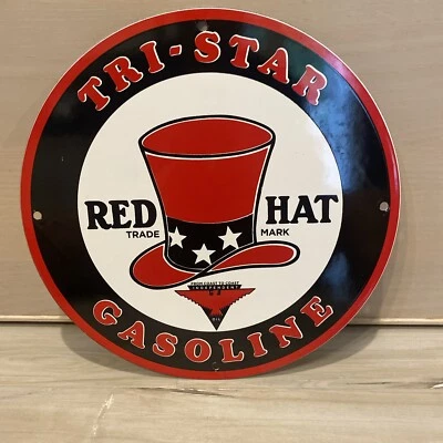 VINTAGE. TRI-STAR RED HAT GASOLINE ⛽️ PORCEALIN SIGN 12” Round - Image 1 of 4