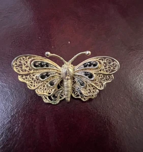 Vintage Gold Tone Metal Filigree Butterfly Brooch Pin Marcasite Stones ๐ - Picture 1 of 4