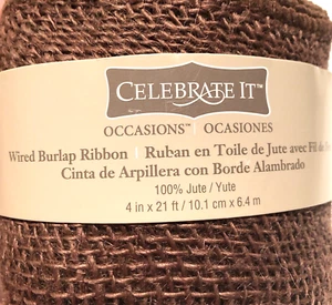 Celebrate It Occasions Wired Burlap Ribbon Brown Jute 4 in X 21 FT Autumn NEW - Picture 1 of 17