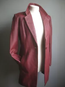 BURGUNDY red LEATHER JACKET 8 10 BLAZER long line trench real vintage dark - Picture 1 of 17