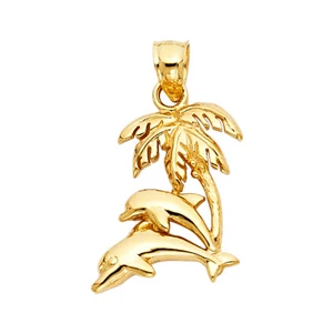 GOLD -14K Yellow Beach Love Dolphin Charm & Palm Tree Pendant For Necklace Chain - Picture 1 of 4