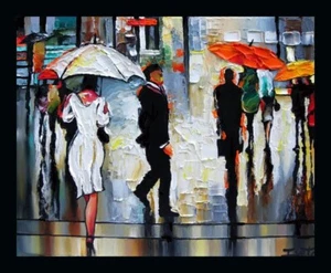 RAINY UMBRELLAS PALETTE KNIFE TEXTURE OIL PAINTING ART BY IVETA - Picture 1 of 9