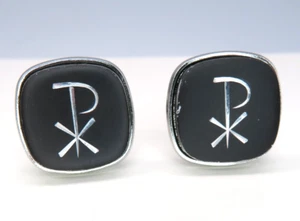 Vintage Chi-Rho Cross Silver & Black Cufflinks - Picture 1 of 4