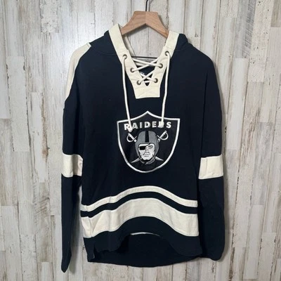 Moletom com capuz Las Vegas Raiders listrado preto branco bordado com cadarço masculino pequeno - Imagem 1 de 4