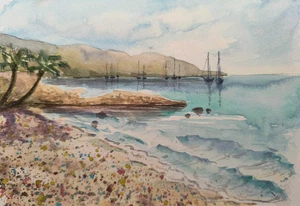 Original Watercolor Artwork Modern Painting Landscape Art Wall Gift Seascape A5 - Picture 1 of 10