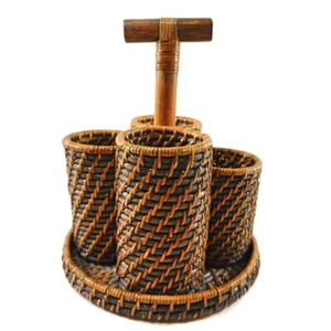 Wicker Rattan Woven 4 Section Caddie Flatware Desk with Handle - Picture 1 of 6