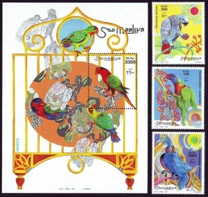 Somalia 1999 MNH MS+3v, uccellini, pappagalli, Michel 746-49 Bk 59 - Foto 1 di 1