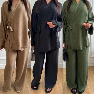 Conjunto de 2 piezas informales de color liso con cordones pantalones de pierna ancha para mujer de Oriente Medio Foto 1 de 4