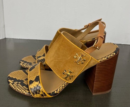 Tory Burch Kira taglia 9M scamosciato marrone pelle di serpente legno plateau tacco suola pelle