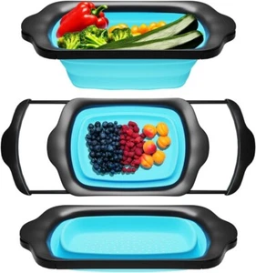 XL KITCHEN STRAINER COLLAPSIBLE SILCONE OVER-THE-SINK COLANDER EXTENDABLE HANDLE - Picture 1 of 9