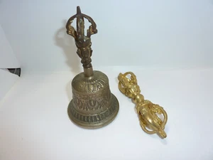 Tibetan SET Bronze Copper Gilt Nepal Buddhism Handmade Dorje Vajra Bell - Picture 1 of 5