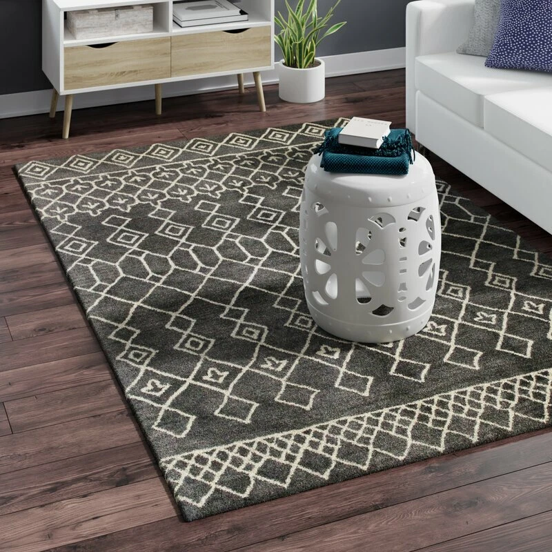 Bashian Hand Made Tufted Chelsea Wool Area Rug 5'X8' Geometric Charcoal Cream Foto 1 de 4