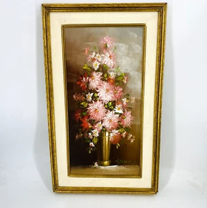 Vintage '81 Art Oil Painting Pink Florals Brass Vase 31"x18" Still Life Framed - Picture 1 of 9