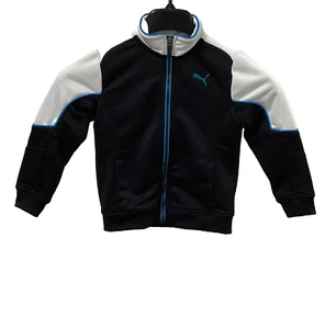 Puma Kids Boys Full-Zip Jacket Casual Outerwear Black/White/Blue - Picture 1 of 4