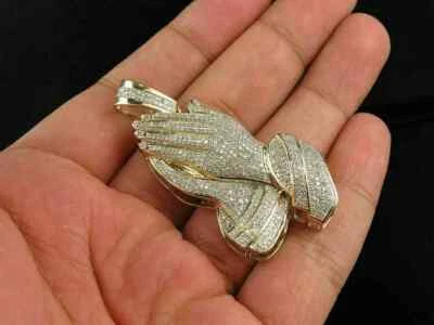Diamond Praying Hands Pendant 10K Yellow Gold FN 2.40 Ct Round Cut 2"Charm Piece - Image 1 of 4