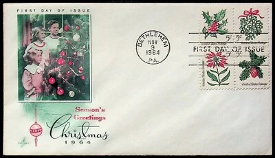 1964 First Day of Issue Christmas Stamps Envelope Bethlehem PA Postmark Art Craf - Image 1 of 2