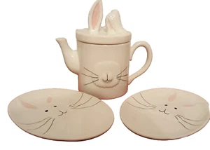 Magenta BUNNY Teapot Ears FACE & 2 plates🎁❤️Set of 3 New w/tags - Picture 1 of 10