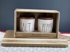 Rae Dunn Blk Ll ?Salt? & ?Pepper? Ivory Cellars With Wooden & Leather Lids New