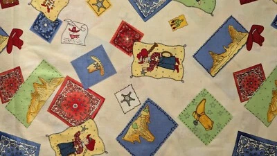 VTG '00 Cowgirl Cowboy Southwest Theme on Cream Fabric Blank Textile 88"L x 44"w - Image 1 of 4