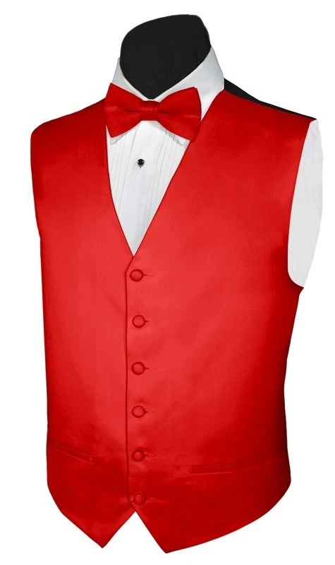 New Christmas Red Satin Tuxedo Vest Bow Tie adjustable waist Formal Waistcoat  - Image 1 of 1