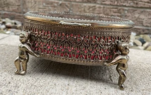 VTG Ormolu Brass Cherub Vanity Footed Jewelry Trinket Brass Box 6" wide - Picture 1 of 5