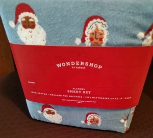 Wondershop Christmas Flannel  Sheet Set QUEEN  Cotton Santa Blue NEW - Picture 1 of 11