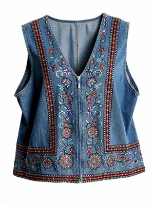 Chaleco Denim Vintage Floral Bordado Boho Teacher Cottagecore Años 90 Talla 16WP Foto 1 de 4