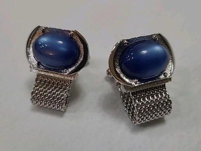 Gemelos vintage Swank ovalados tono plata y piedra azul accesorios uso formal Foto 1 de 4