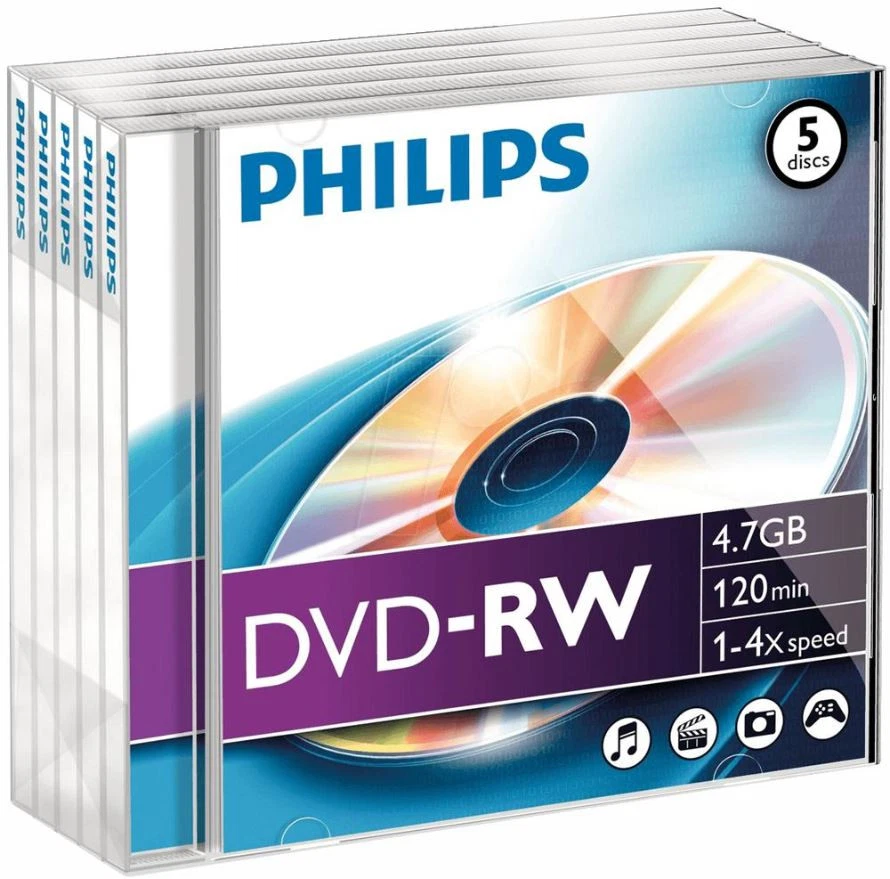 PHILIPS - 4x Speed DVD-RW Blank DVDs - Jewel Case 5 Pack - Image 1 of 1