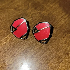 Red Enamel Silver Tone Metal Clip On Earrings Vintage - Picture 1 of 5