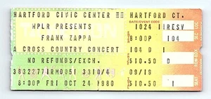 Boleto de concierto Frank Zappa 24 de octubre de 1980 Hartford Connecticut - Imagen 1 de 7