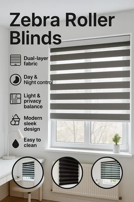 Day and Night Roller Blinds Zebra Vision Window Blind White Black Grey Easy Fit - Image 1 of 4