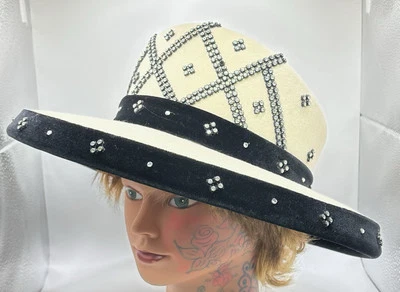 Ms Divine 100% Wool Rhinestone Church / Event Hat White With Black Trim Size M - Image 1 of 4