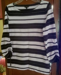 Talbots Cotton 3/4 Sleeve Navy Blue Lavender Striped Crew Neck Sweater SZ M - Picture 1 of 15