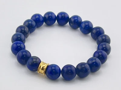 RR404 - 男式 Lapis Lazuli 手镯 - 10 毫米珠子,金色口音,定制尺寸,礼物 — 第 1/4 张图片
