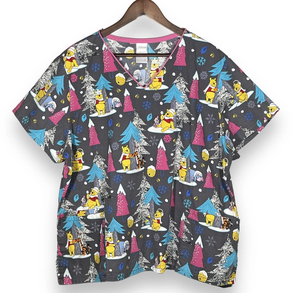 Disney Scrubs Women Size 2X Winnie the Pooh Pockets Short Sleeve V-Neck Cotton - Image 1 of 4