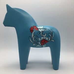 Painted blue wood Dala Love horse Swedish folk art style Height 26 cms