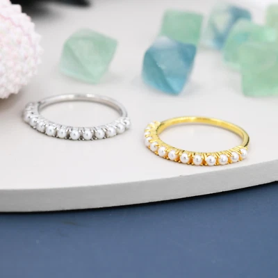 White Pearl Half Eternity Band Wedding Band In 925 Solid Silver Women Ring - Image 1 of 4