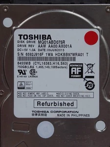 Toshiba MQ01ABD075R AAW AA00/AX001A | 09 JUN 2015 | G003138A | 750 GB - Imagen 1 de 1