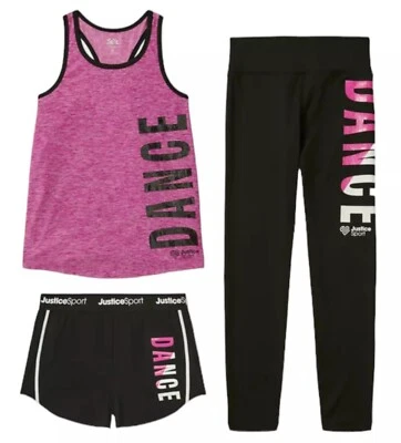 Conjunto de 3 piezas de camiseta sin mangas Justice Girls pantalones cortos leggings talla 7/8 baile deporte logotipo Foto 1 de 4