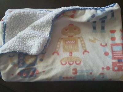 S. L. Home Fashions Baby Blanket Robots blue trim white Sherpa silky trim crib - Image 1 of 4