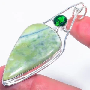 GREEN OPAL Gemstone Chrome Diopside 925 Silver Channel Set Boho Pendant Jewelry - Picture 1 of 7