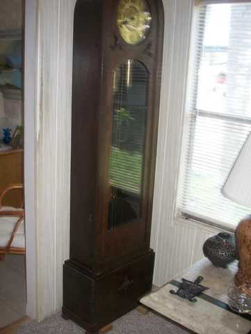 ANTIQUE OAK GRANDFATHER CLOCK, 77" TALL, CHIMES HOUR AND HALF HOUR Cover