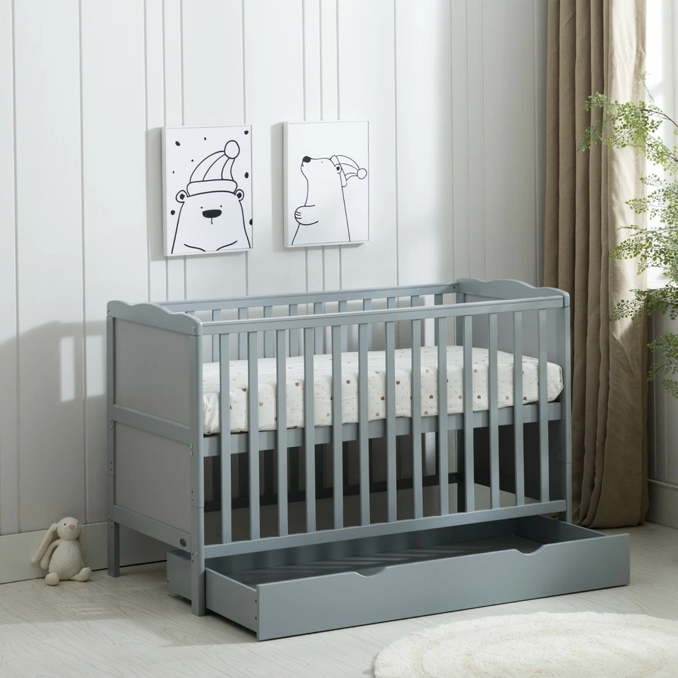 Grey Wooden Baby Cot Bed & Drawer & Aloe Vera Mattress (Orlando Drawer) - Image 1 of 4