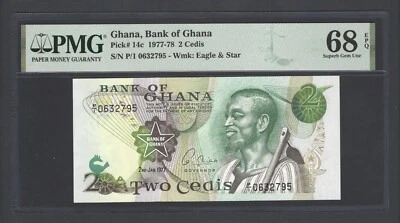 Ghana 2 Cedis 2-1-1977 P14c Uncirculated Graded 68 Top Pop - Image 1 of 2