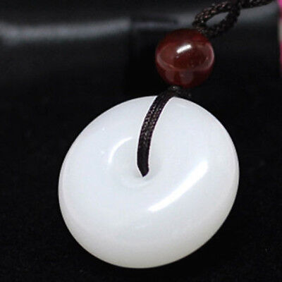 China Handcarved White Jade Pendant Round Safety Buckle & Rope Necklace • 7.99$