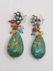 Fabulous Faux Turquoise Beaded Chunky Dangle Earrings New On Card - Picture 1 of 7