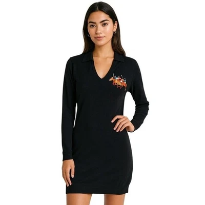 Ralph Lauren Mujer Suéter Vestido Lana Negro Polo Jugador Bordado Cuello en V XL Foto 1 de 4